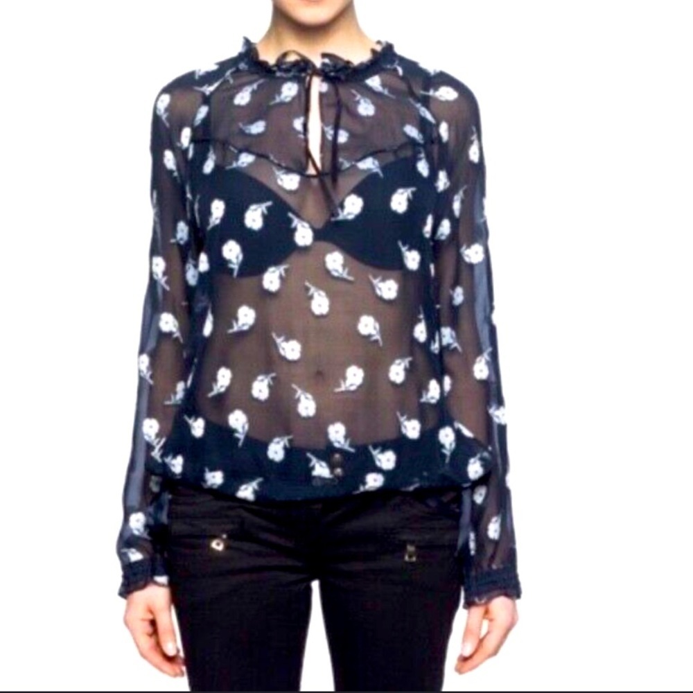 Rag & Bone Bennett Sheer Floral navy casual Silk Blouse Top designer spring $258